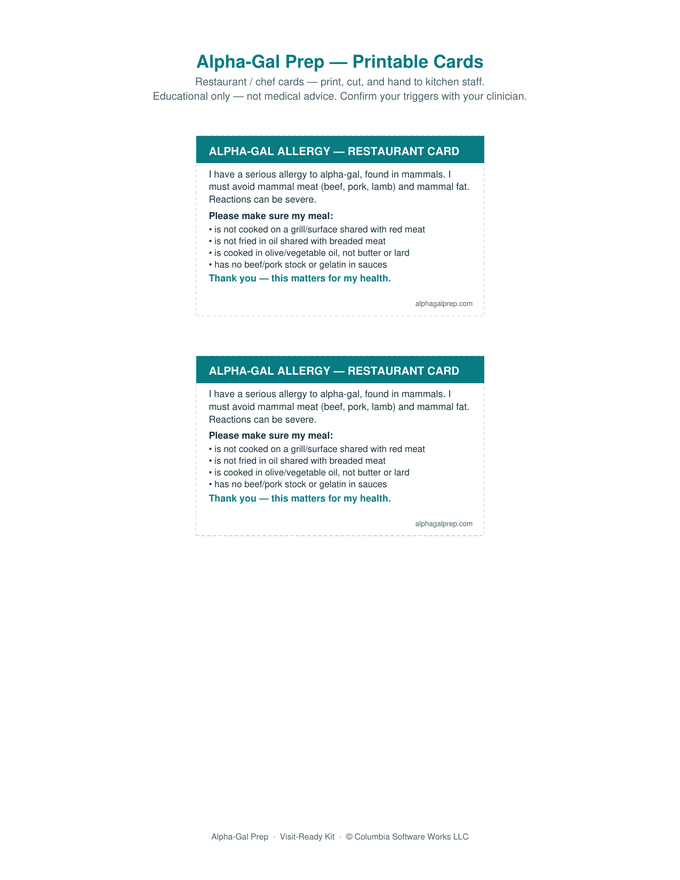 Printable restaurant and medical alert cards